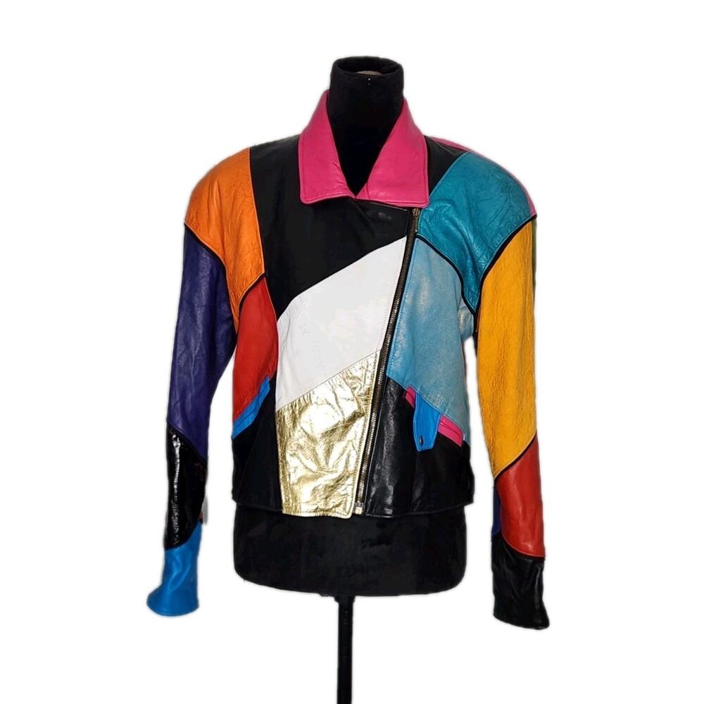 Firenze Santa Barbara Vintage Colorblock Soft Calf Leather Moto Jacket Sz Medium